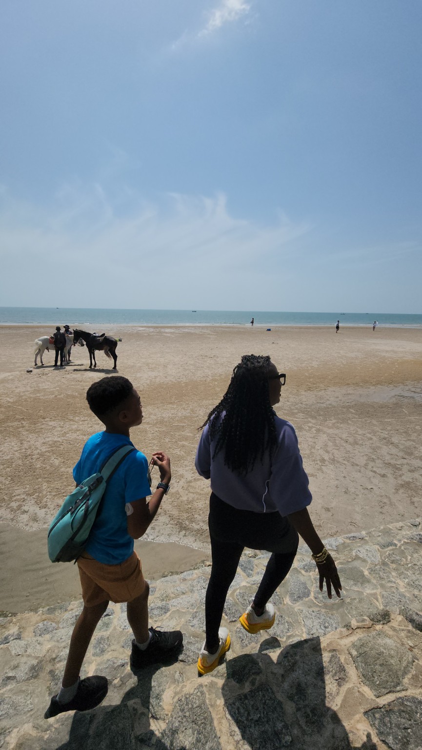Tiffany and Myles walking toward the beach